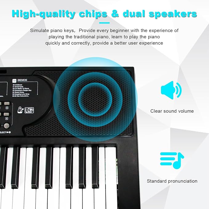 AQNIEGEP 61-Key Electric Keyboard Piano with Lighted Keys, Christmas Gifts, Premium Bundle: Stand, Bench, Mic,Headphones, Music Stand, Stickers, 70 Demos 200 Tones/Rhythms, Beginners/Adults