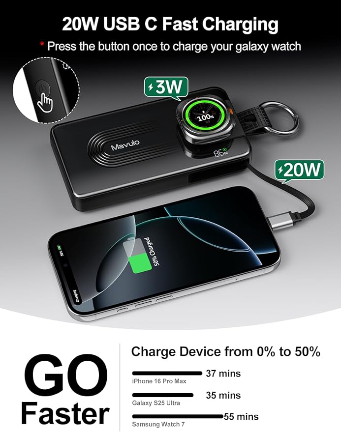 Mavulo 3-in-1 Portable Charger 10000mAh Power Bank for Samsung Galaxy Watch, Retractable USB-C Cable, 20W PD Fast Charging, LED Display & Keychain Battery Pack for iPhone 17/16/15 Air Pro Max Plus/S26