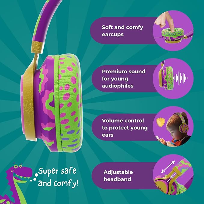 Kidrox® Dinosaur Headphones for Kids Wired with Microphone, Made to Last Durable and Flexible, Volume Limited 85/94db Kid Safe for Kids All Ages, Boys & Girls. Perfect for School or Travel. 3.5 Jack