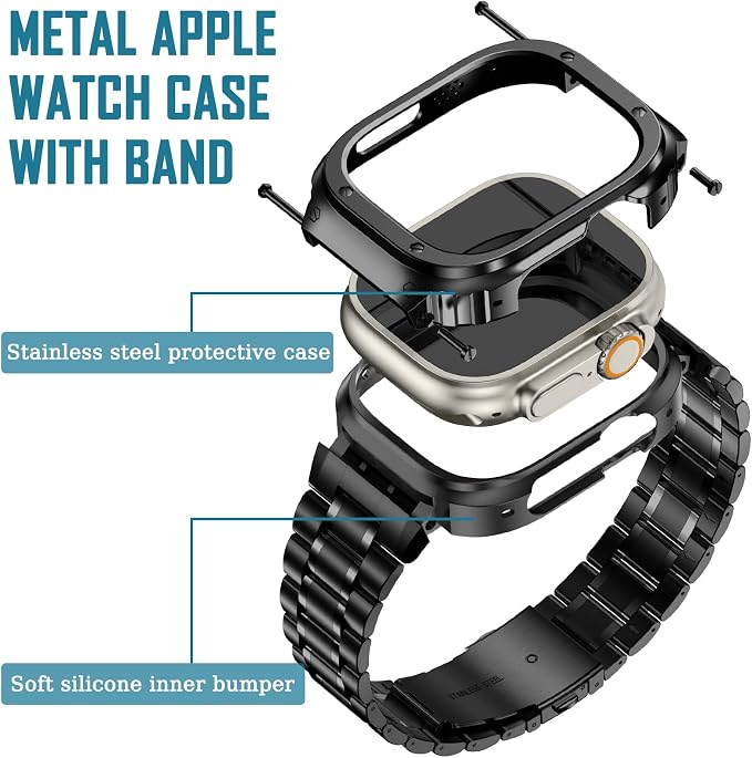 MioHHR Stainless Steel Watch Band with Case Compatible with Apple Watch Ultra3 2 1(49mm),Rugged Strap with Metal Protective Bumper Cover for iWatch Band Men(Black)
