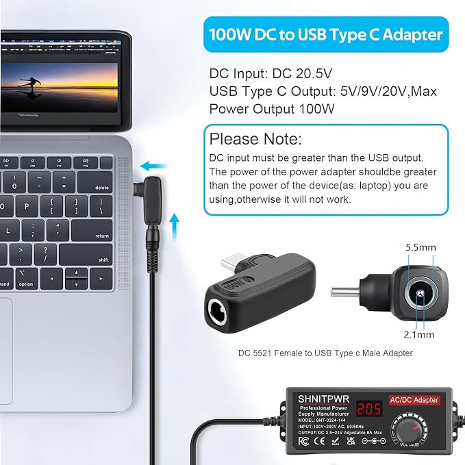 SHNITPWR Adjustable Universal Power Supply DC 4V~24V 3A 5A 6A 144W AC/DC Adapter with USB C Charger PD 100W 100V-240V AC to DC Converter Variable Power Adapter 24V,14 Tips,Alligator Clip Power Cable