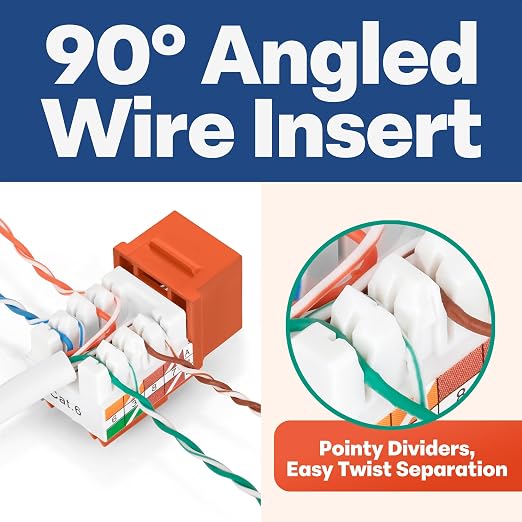Everest 90° Angled RJ45 Cat6 Keystone Jacks 10-Pack in Orange - Slim Profile Female RJ45 Connectors - Cat 6 Keystone Jack - Compatible with 90° Angled Speed Termination Tool - easyJACK (B094WB91H3)