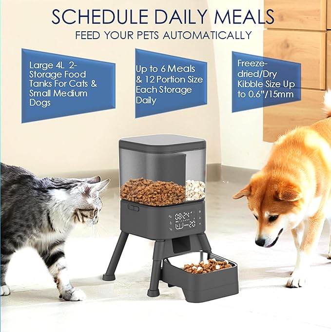 Automatic Pet Feeder, 4L Digital Smart Food Dispenser with LCD Display, Programmable Timer for Cats and Dogs, Stainless Steel Bowl, Tip-Over Resistant 4-Leg Design
