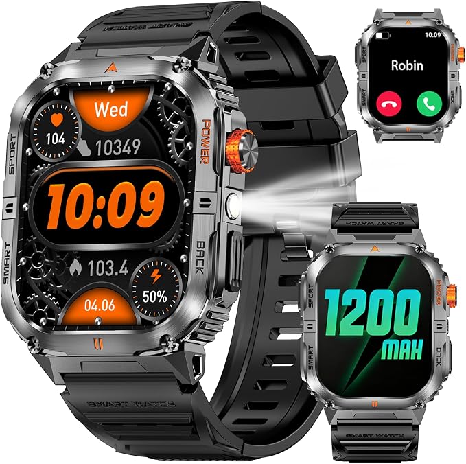 Military Smarty Watch for Men, 2.01" Smartwatch with 1200mAh Battery, Flashlight, Answer/Make Calls, Heart Rate/Sleep Monitor 100+ Sport Modes Fitness Tracker for Android/iPhone (002)