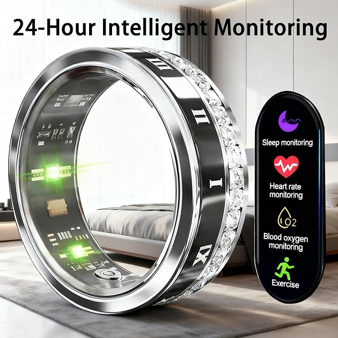 Smart Ring for Women & Men, AI Health Monitor with Blood Oxygen & Stress Tracking, No Subscription Fee, IP68 Waterproof Diamond-Encrusted Black 8#