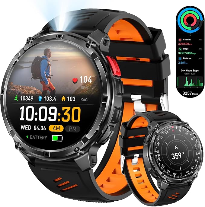 Military Smartwatch for Men with Compass & Flashlight, Rugged Smart Watch with Bluetooth Calling, Outdoor Fitness Tracker with Heart Rate Sleep Monitor, 100+ Sport Modes Waterproof for Android iPhone