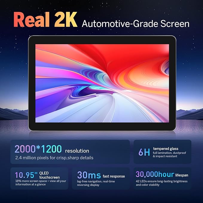 EONON 10.95" QLED 2K Adjustable Screen Car Stereo with Wireless CarPlay/Android Auto,6GB RAM 64GB ROM, 4G,WiFi6,for Universal 1DIN Car Radio with AHD Backup Camera DSP, Opt & Coax Output-SD1X6S2
