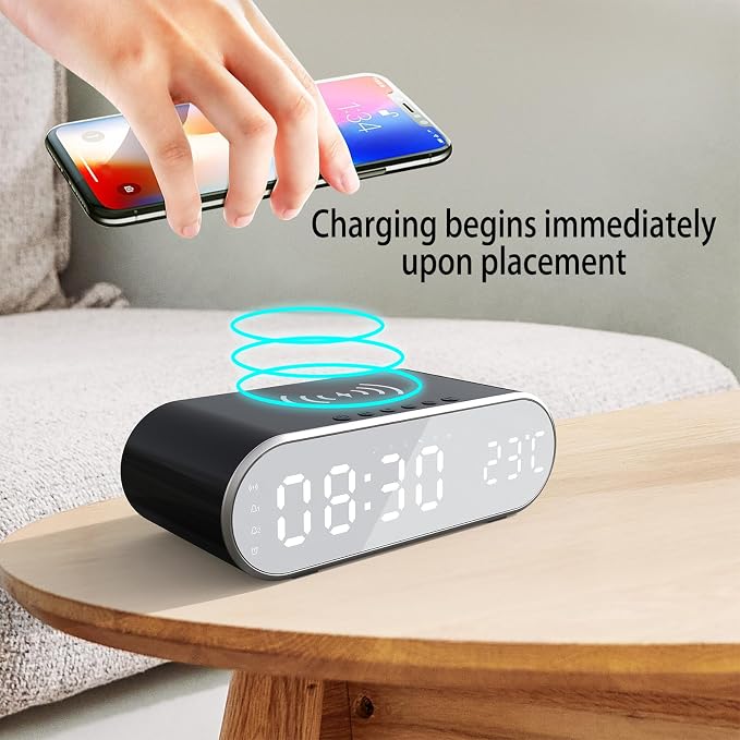 15W Fast Wireless Charging Pad Compatible with Qi-Enabled Phones, 5W/7.5W/10W Standard Charging Modes, Temperature Display & Alarm Clock for Bedside Desk, W628 Black.