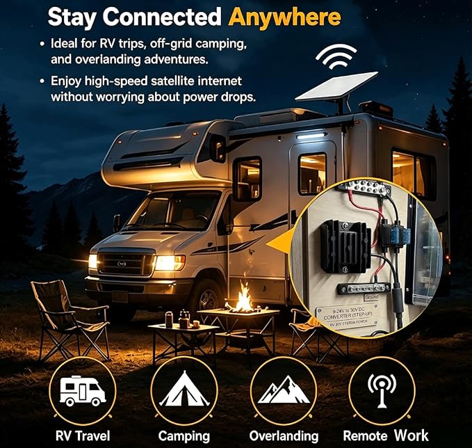 Starlink Mini Power Adapter 12V/24V to 30V DC with15A Fuse Protection Black | Black silver-plated finish, featuring dual-fuse protection and included quick-connect terminals
