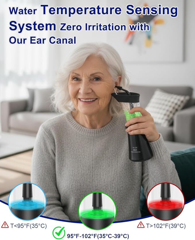 Upgraded Electric Ear Cleaner - Ear Irrigation Flushing System with 4 Pressure Mode, Temp Sensor, 16PSI, IPX7, 6 Replacement Nozzle, One-Hand Control Ear Cleaning Tool with Wastewater Separation