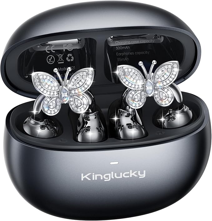 Kinglucky Jewelry-Inspired Clip-On Earbuds with Butterfly Earrings, Comfortable Fit & 40H Playtime Open Ear Bluetooth 5.4 Wireless Headphones for Women, Small Ears, Sports & Workouts (Black)