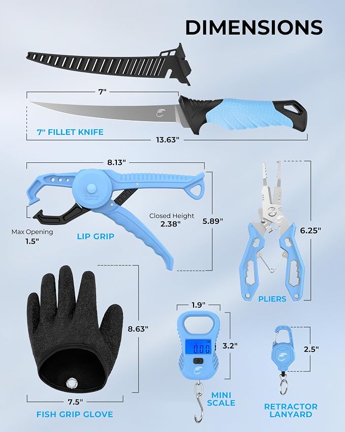 Calamus DriftWave Fishing Tool Kit – Corrosion Resistant Pliers, Lip Gripper with Soft Retractable Measuring Tape, Filet Knife, Pocket Knife，Fishing Scale, Retractor & Glove, Fishing Gifts for Men