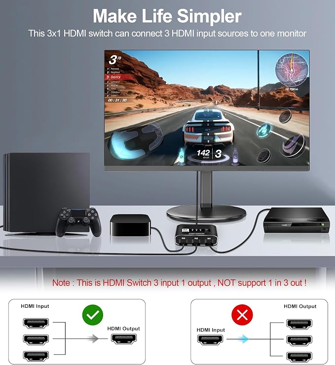 3x1 HDMI 2.1 Switch 4K 120Hz, Aluminum Alloy 8K@60Hz HDMI Switch 3 in 1 Out, avedio Links HDMI Switch Box Support 4K@120Hz, Ultra HD, 8K Hdmi Selector Switcher for Game Consoles, Fire Stick