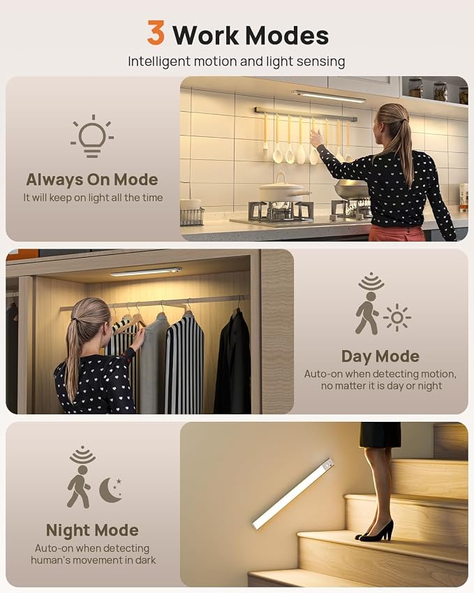 16inch Under Cabinet Lights, LED Motion Sensor Light Indoor, 4000mAh Rechargeable Closet Light with Remote, 3 Color Temps Magnetic Wireless Under Counter Lights for Kitchen, Stair, Pantry, 2 Pack