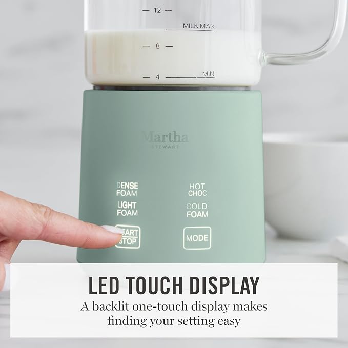 Martha Stewart Milk Frother and Steamer, 10oz/300ml Glass Cup, 4 Presets (Cold Foam, Light, Dense & Hot Chocolate), Ready in 90 Seconds, Cordless Pouring, One-Touch for Hot and Cold Milk, Honeydew