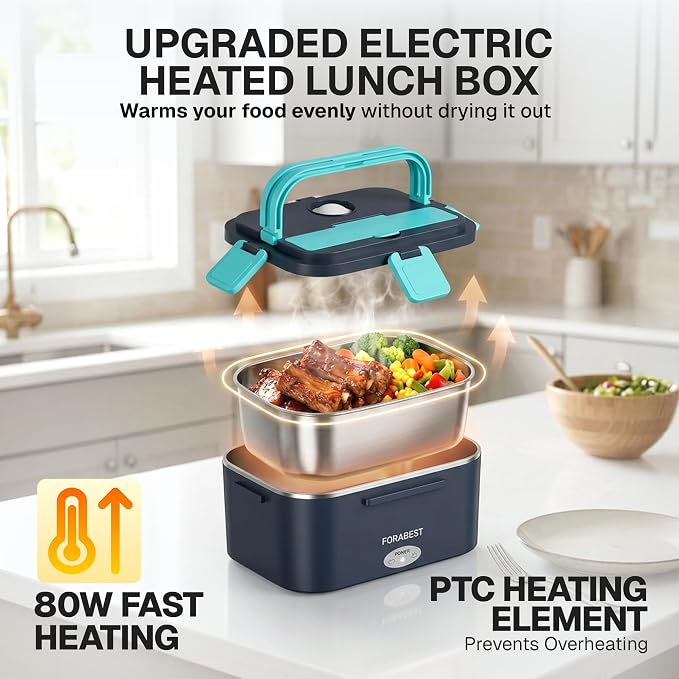 FORABEST Heated Lunch Box - 80W Electric Lunch Box for Adults - Portable Food Warmer - 1.8L Stainless Steel Containers, Carry Bag & Leakproof Lid - 12V/24V Car/Truck & 110/220V Home/Office - Navy Blue