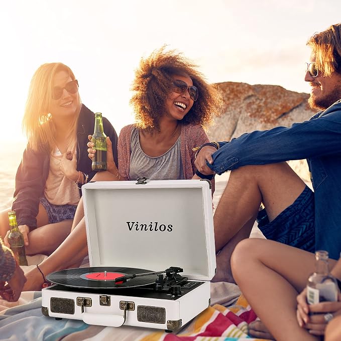 Vinyl Record Player with Bluetooth and Built-in Speakers, 3-Speed Portable Turntable for Vinyl Records, Retro Suitcase Design, USB Recording, Includes Extra Stylus, Ideal for Beginners(White)-Vinilos
