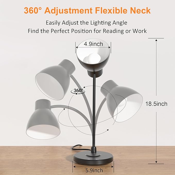 Desk Lamps for Home Office - LED Desk Lamp with Wireless Charger, 3 Color Modes Dimmable Eye-Caring Study Reading Desk Light, Small Flexible Arm Table Lamp for College Dorm Room Bedside, Black