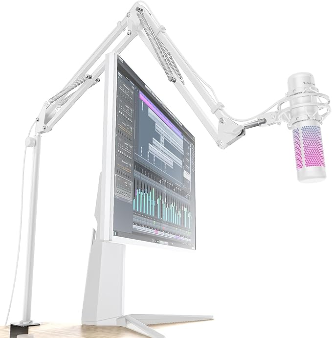 M05 Boom Arm, 360° Rotatable Microphone Stand with Desk Mount (White (Overhead))