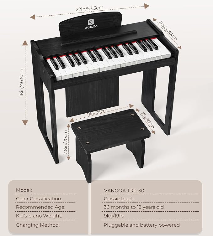 Vangoa Kids Piano Keyboard, 37 Keys Digital Piano for Kids, Music Educational Instrument Toy, Wood Piano for Girls and Boys,Classic Black