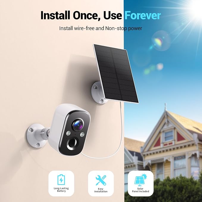 Techage 2K Solar Security Cameras Wireless Outdoor,Solar Battery Powered WiFi Cameras for Home Security with AI Motion Detection,Color Night Vision,2-Way Talk,IP66 Waterproof,Cloud/SD Storage 2 Pack