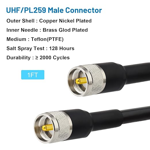 MOOKEERF UHF CB Coax Cable - 1ft 2PCS KMR400 PL259 Male to Male Coaxial Cable Low Loss UHF Cable CB Coax Cable for HAM Radio, VHF Radio, SWR Meter, Antenna Analyzer