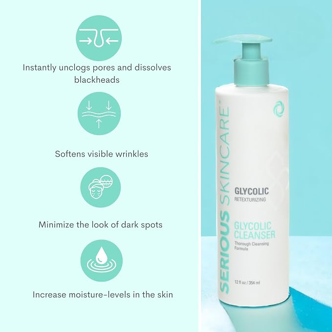 Serious Skincare Glycolic Cleanser, Skin Exfoliating AHA Face Wash + Ultrasonic Facial Brush Tool, 10% Glycolic Acid, Congested Pore Purifying, Removes Makeup, Oil, Blackheads & Impurities 12 oz