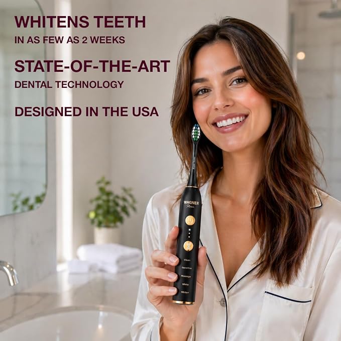 Wagner Stern WHITEN+ Electric Toothbrush, 48,000 VPM, Pressure Sensor, 5 Modes, 8 Brush Heads, Travel Case