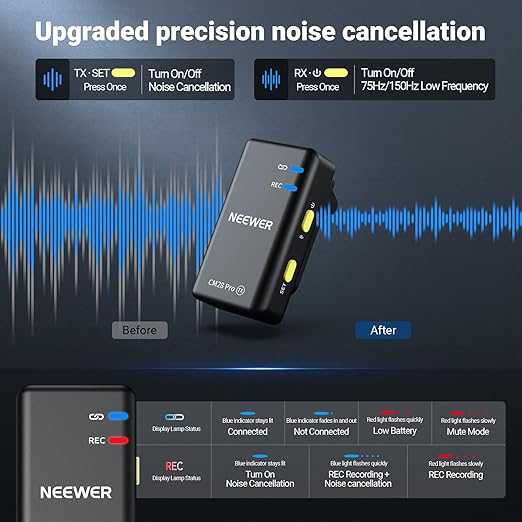 NEEWER CM28 PRO Wireless Lavalier Lapel Microphone System + Basics TS03 Flexible Phone Tripod with Remote for iPhone & Camera, 656ft/200m Range Mic Compatible with iPhone iPad Android Camera PC