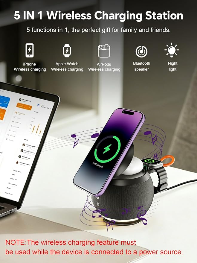 5 in 1 Wireless Charging Station with Bluetooth Speaker and Night Light, Magnetic Fast Charger Stand for iOS Phones, Smartwatch and Wireless Earbuds, Bedside Charging Station, Black