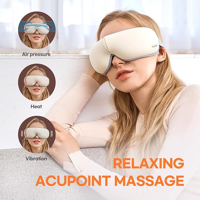 HuBDIC HubiCare Eye Massager with Heat, Mothers Day Birthday Gifts for Women, Her, Men, Him, Vibration, and Music, Heated Eye Mask for Dry Eyes, Eye Strain Relief and Relaxation (Beige)