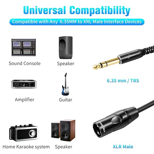 Twozoh XLR Male to 1/4 Inch Jack TRS Cable, Balanced 6.35mm Plug to 3 Pin XLR, Quarter Inch Stereo Guitar Cable 6.6FT (Professional/HiFi)