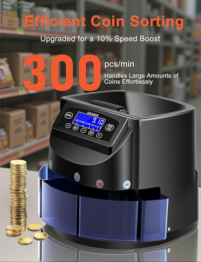 Coin Counter and Dollar Coin sorter with LCD Display, 300-coin Capacity, Supports Multiple Coin Types, Equipped with Sorting and Packaging Machine for Fast and Accurate Sorting (Coin Counter)