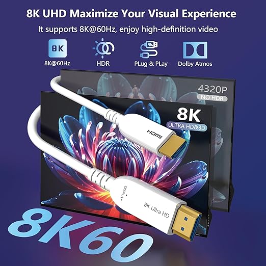 8K Fiber Optic HDMI Cable 25FT, 48Gbps Ultra High Speed Long HDMI 2.1 Cord Braided 8K@60Hz 4K@120Hz HDR10/HDCP2.2&2.3/eARC/3D Compatible for PS5, Xbox, HDTV, Laptop, Monitor