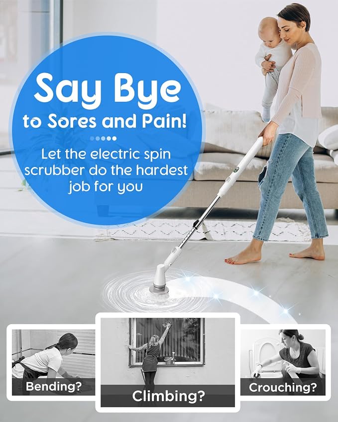 Electric Spin Scrubber with Big Display, Fast Charging Cordless Cleaning Brush with Adjustable Long Handle, 2 Speeds & 4 Replaceable Brush Heads, 1.5H Runtime Shower Scrubber for Deep Cleaning