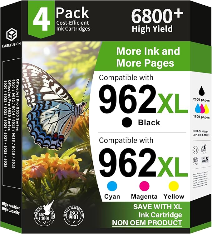 EaseFusion 962XL Replacement for HP 962XL Ink Cartridges Combo Pack HP962XL HP962 Work with HP OfficeJet Pro 9010 9015 9018 9020 9025 Printers (Black/Yellow/Cyan/Magenta, 4 Pack)