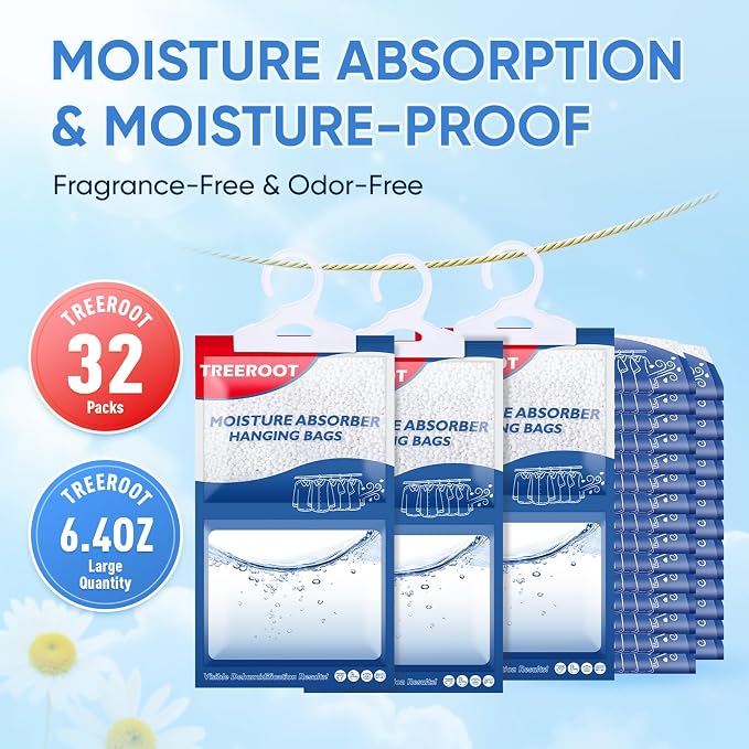 32 Pack Moisture Absorbers for Closet, 6.4OZ Hanging Closet Dehumidifier Bags, Hanging Humidity Absorber in Wardrobes, Kitchens and Bathrooms, Fragrance Free Portable Moisture bags