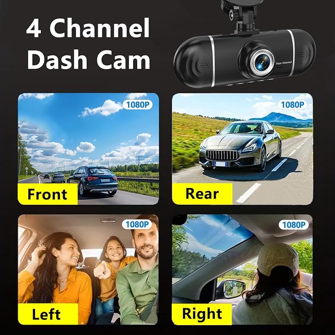 4 Channel Dash Cam Front and Rear Inside, 360° View 1080P Dash Camera for Cars, Super Night Vision, Gravity Sensor, Loop Recording, WDR, 24H Parking Mode, WiFi & APP Control, with 64GB Card