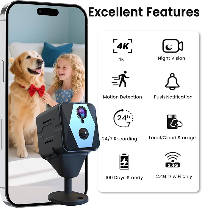 vebiliki Security Camera, 4K WiFi Camera with TF Card, Indoor Security Camera with AI Motion Detection, Auto Night Vision Nanny Cam, Cloud & TF Card Storage, 100-Day Standby Cameras for Home Security