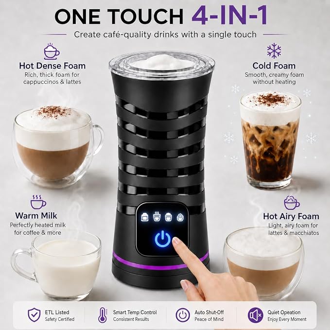 Milk Frother and Steamer, Large Capacity 4-in-1 Electric Milk Frother with Touchscreen, Hot & Cold Foam Maker, Milk Warmer and Hot Chocolate Maker for Latte, Cappuccino, Macchiato,Black