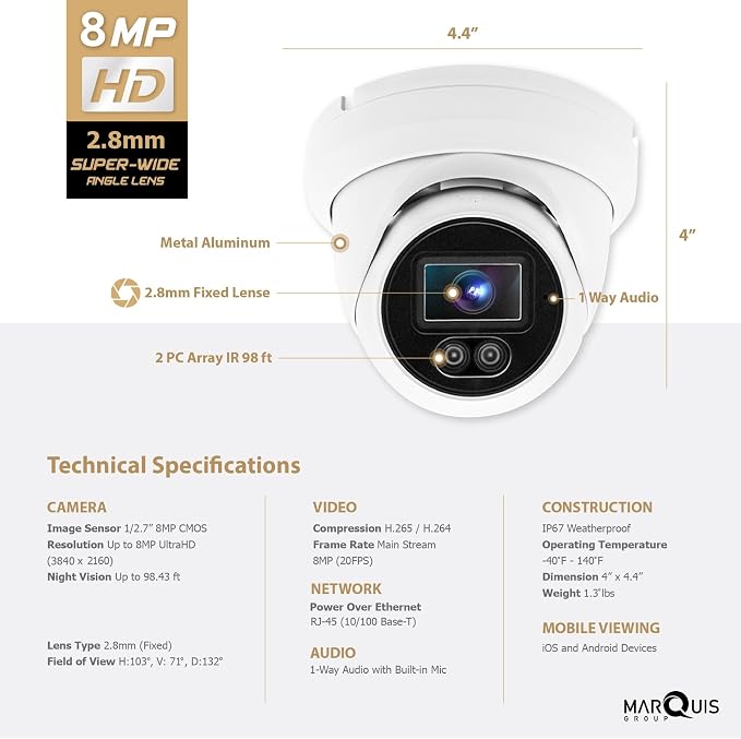 Marquis 8MP PoE IP Turret Dome Camera with Microphone/Audio, IP Security Camera Outdoor Rated, 98ft IR Night Vision, Waterproof IP66, 108° Wide Angle 2.8mm Lens