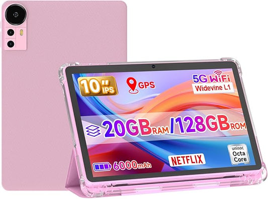 10 Inch Tablet Android 15 Tablets with Case 4+16GB RAM+128GB ROM, 6000mah Battery 10 in Android Tableta, 2MP+8MP Dual Camera 10.1'' IPS HD Touch Screen Tab (Pink)