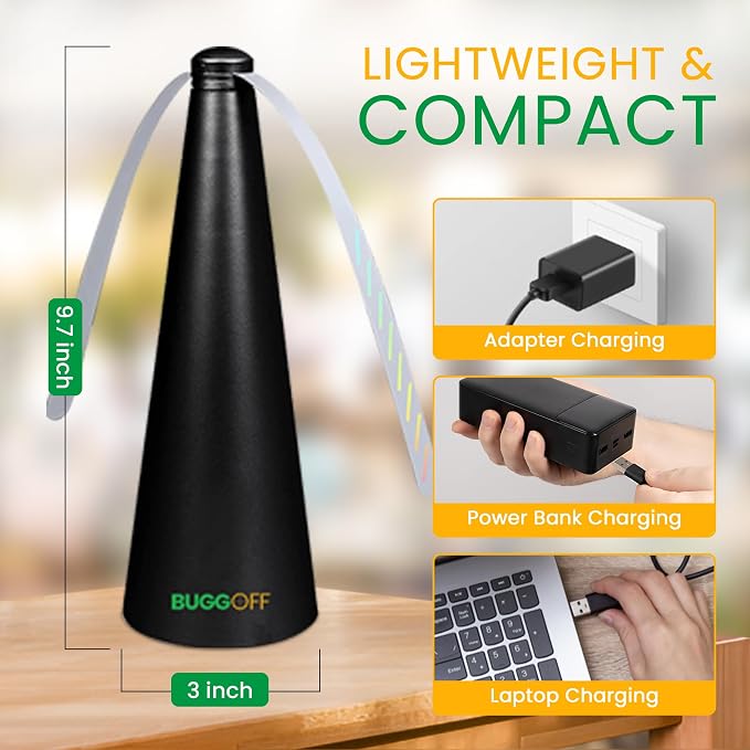 BUGGOFF White Fly & Flying Insect Repellent Fan with Twin Blades, Table top & Hangable, Battery Powered or 5V Plug in, Batteries NOT Included. Safe Blades with Auto Stop. (1 Pack)