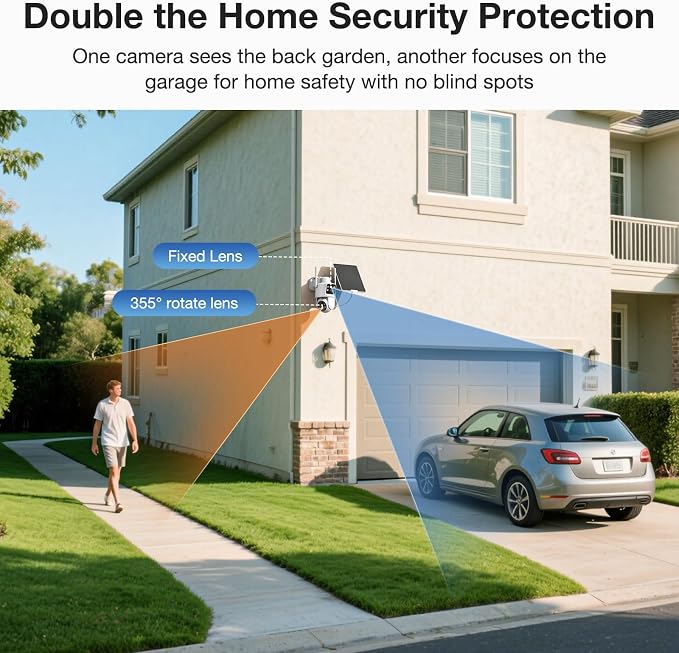 TKENPRO 2 Pack Dual Lens Solar Security Cameras Wireless Outdoor, 2K Full HD Video, 360° View Pan/Tilt Home Security Camera with Color Night Vision, Easy to Install （2pack）