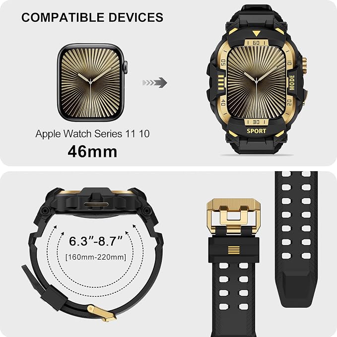 DABAOZA Rugged Case with Band Compatible with Apple Watch 46mm, for iWatch Series 11/10,Military Grade Shockproof Bumper and Men's Tactical Heavy Duty Strap(Black/Gold,46MM)