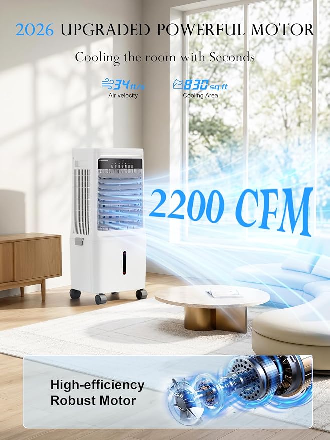 Uthfy 3000CFM Swamp Cooler Air Conditioner, Evaporative Cooler with Dual Water Tanks for 30H Cooling, 120° Oscillating, Ambient Light, 7.0 GAL Detachable Water Tank, 12H Timer, Portable AC for Bedroom