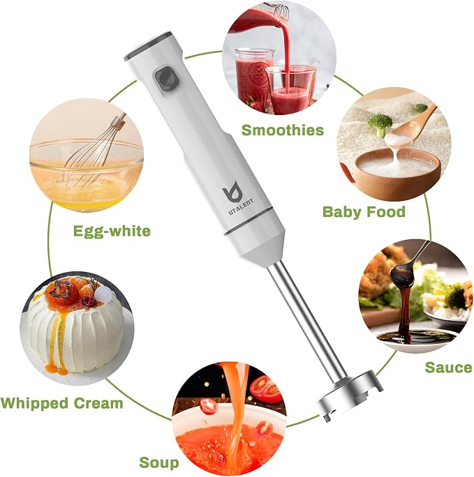 Cordless Hand Blender, UTALENT Variable Speed Immersion Blender Rechargeable, with 500ml Chopper, 600ml container, Egg Whisk, for Smoothies, Baby Food and Soups – White