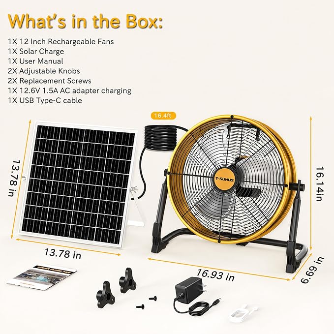 T-SUNUS 12" Solar Powered Floor Fan, Rechargeable Battery Battery Powered Fans 13200mAh & 20W Panel, 1500 CFM Metal Cordless Fan, 4.5–27H Runtime for Outside Camping Garage Greenhouse Power Outage