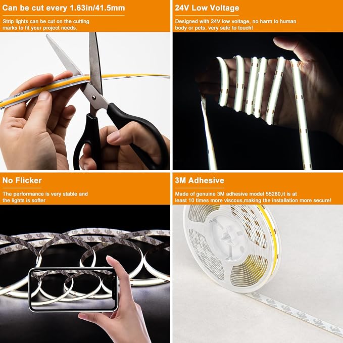 PAUTIX COB LED Strip Light Daylight White 6000K 504LEDs/m,CRI90+ 32.8ft/10m Dimmable 24V LED Tape Lights Kit,Work with Alexa/Google Assistant,for Under Cabinet Bedroom Kitchen DIY Lighting