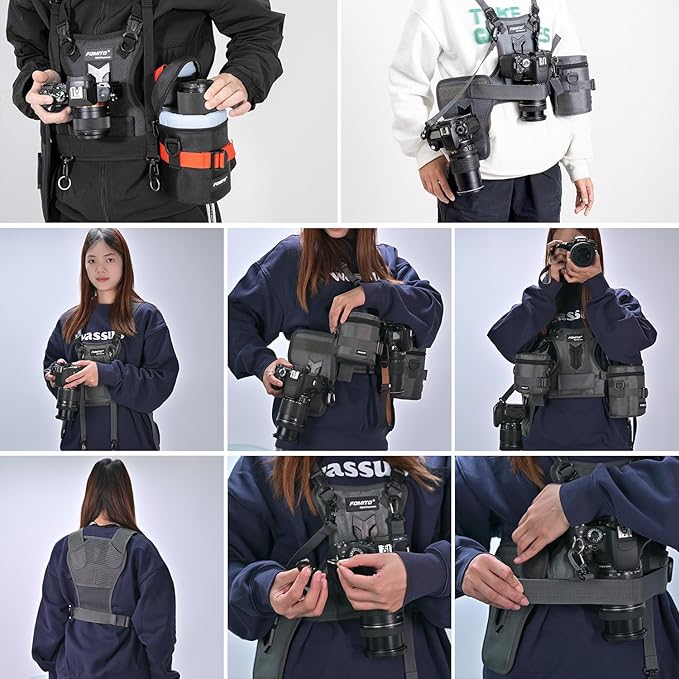 FOMITO Dual Camera Chest Harness System, Professional Photography Vest with Side Holster, Gray